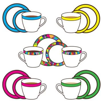 Set of cups, plates and saucers with bright trim Stock Illustration