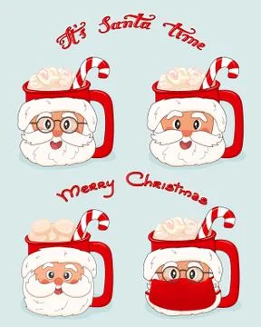 Set of cups with Santa Claus faces in glasses and mask from virus with marshm Illustrazione stock
