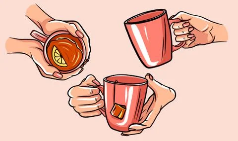 Set of cups of tea with hands. Stock Illustration