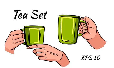 Set of cups of tea with hands. Stock Illustration
