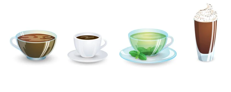 A set of cups with various hot drinks isolated on a white background. Coffee  Stock Illustration