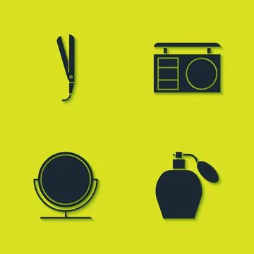 Set Curling iron, Perfume, Round makeup mirror and Eye shadow palette icon Illustration