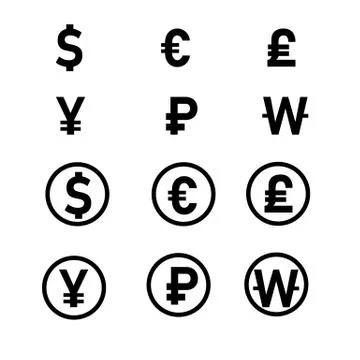 Set currency icon on white background. Dollar, Euro, Pound, Yuan, Ruble, Illustrazione stock