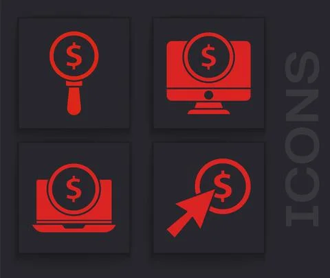 Set Cursor and coin, Magnifying glass and dollar, Computer monitor with dollar イラスト素材