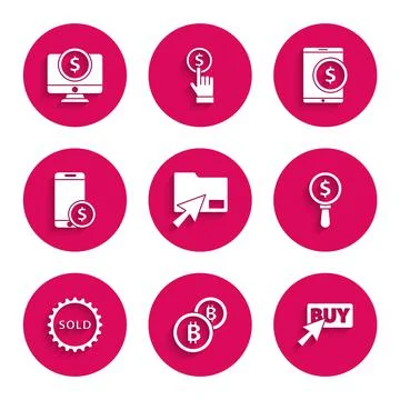 Set Cursor click document folder, Cryptocurrency coin Bitcoin, Buy button Stock Illustration