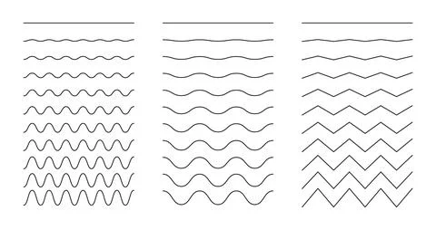 Set of curvy, wavy, zigzag lines. Simple undulate borders, transverse horizontal Stock Illustration