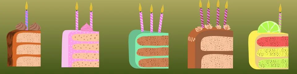 Set of cut cake slices lime chocolod vanilla with candles burning over them Stock Illustration