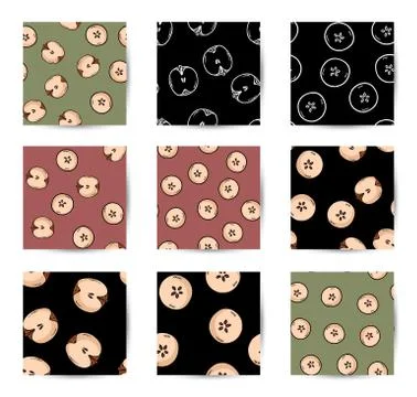 Set of cut in half apples natural drawn seamless patterns wallpapers. Collect Illustrazione stock