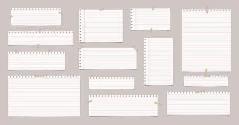 Set of cut notebook sheets, lined paper with hard shadow are on brown background Stock Illustration