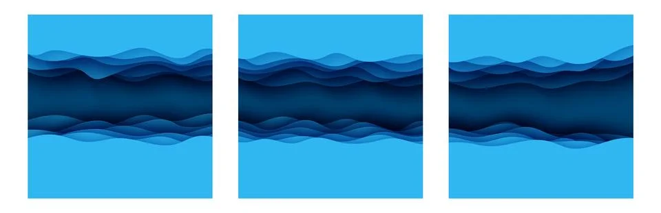 Set of cut out square flyer. Horizontal deep ocean floor waves rift top view. 스톡 일러스트