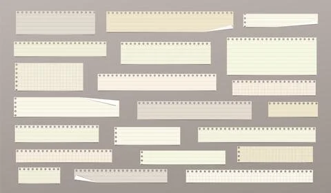 Set of cut paper strips, lined, math notebook sheets with hard shadow are on Stock Illustration