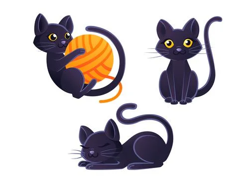 Set of cute adorable black cat playing with orange ball of wool cartoon animal Illustrazione stock