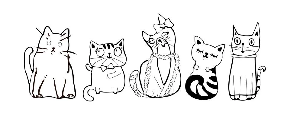 Set of cute adorable cats vector drawing. Stock Illustration