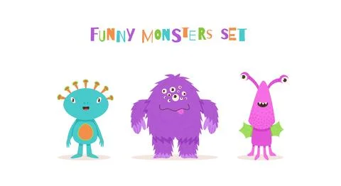 Set of cute aliens character vector illustration. Friendly blue alien, pink.. Stock Illustration