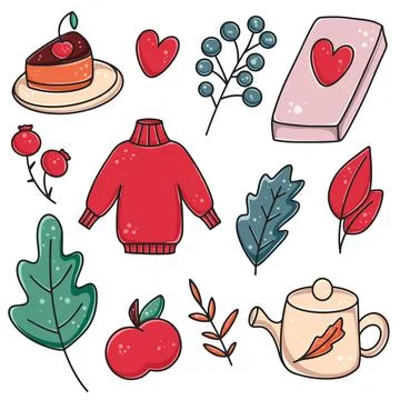 Set of cute and cozy items for autumn and winter compositions Stock Illustration