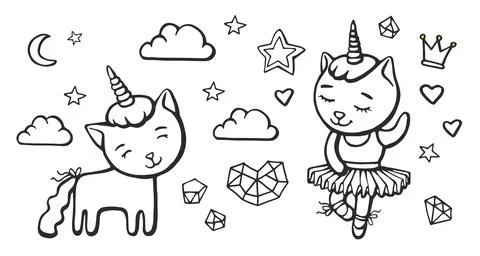 Set of Cute and dancing cats unicorn with horn with elements, stars, clouds, 스톡 일러스트