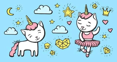 Set of Cute and dancing cats unicorn with horn with elements, stars, clouds, 스톡 일러스트