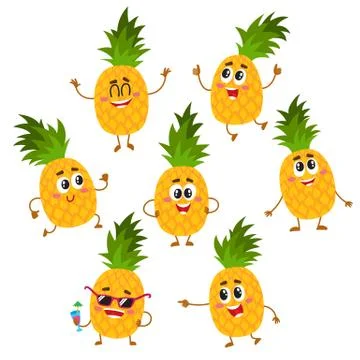 Set of cute and funny pineapple characters with happy faces Stock Illustration