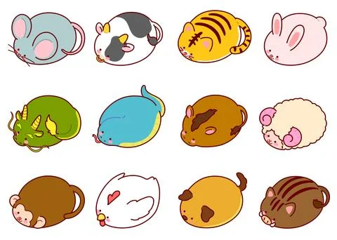 Set of cute and round simple zodiac animals outlined Stock Illustration