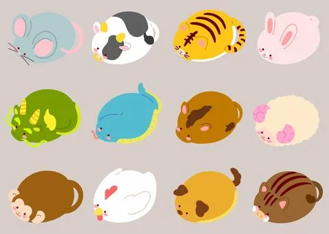 Set of cute and round simple zodiac animals flat colored Stock Illustration