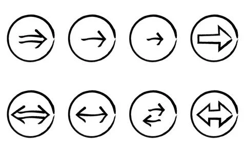 Set of cute and simple arrow icons in hand-drawn black and white, forward a.. Stock Illustration