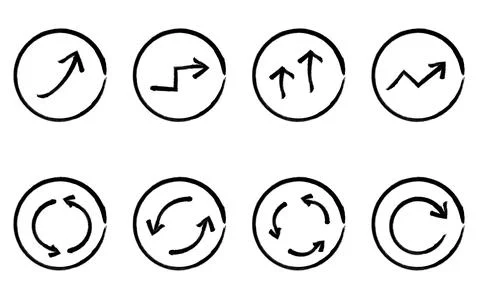 Set of cute and simple arrow icons in hand-drawn black and white, growth an.. Illustrazione stock