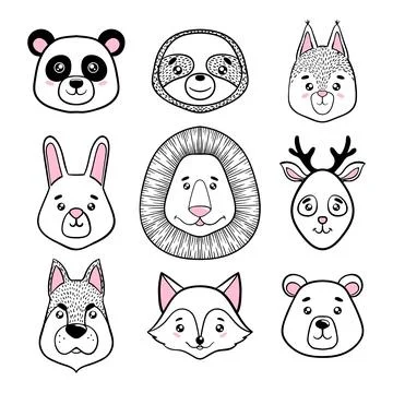 Set of cute animal faces black, white. panda, sloth, squirrel, bunny, lion,.. Stock Illustration
