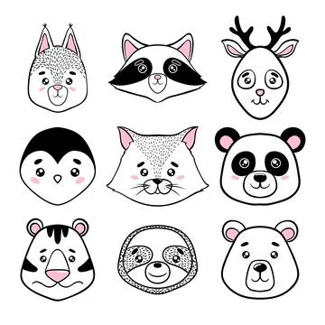 Set of cute animal faces black, white. panda, sloth, squirrel, raccoon, pen.. Stock Illustration