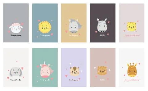 Set of cute animal faces. Creative animal print cheetah and lion, tiger and Stock Illustration