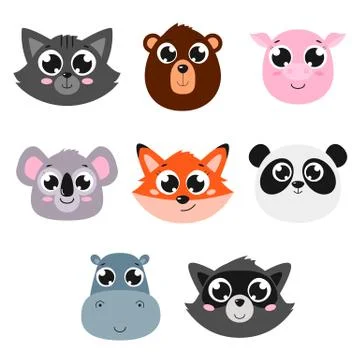 Set of cute animal faces. Vector cartoon illustrations. Isolated on white. Stock Illustration