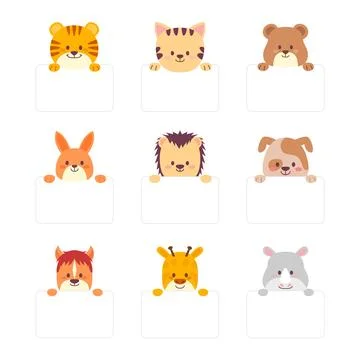 Set of Cute Animal Head Cartoon Empty Text Box Banner. Wildlife Avatar Emoj.. 스톡 일러스트