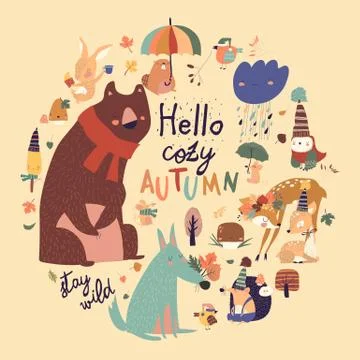 Set of cute animals with autumn elements. Hello autumn Stock Illustration