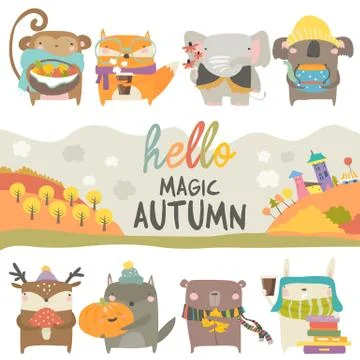 Set of cute animals with autumn theme on white background Stock Illustration