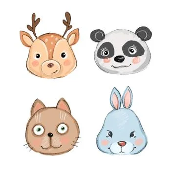 Set of cute animals: deer, panda, cat, rabbit Illustrazione stock
