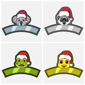 Set Cute Animals Head Character. For Logo, Icon and label with Christmas Ha.. Stock Illustration