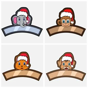 Set Cute Animals Head Character. For Logo, Icon and label with Christmas Ha.. Stock Illustration