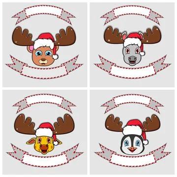 Set Cute Animals Head Character. For Logo, emblem and label with Christmas .. Stock Illustration