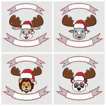 Set Cute Animals Head Character. For Logo, emblem and label with Christmas .. Stock Illustration