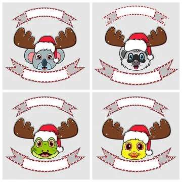 Set Cute Animals Head Character. For Logo, emblem and label with Christmas .. Stock Illustration