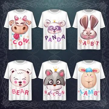 Set cute animals head - idea for print t-shirt Stock Illustration