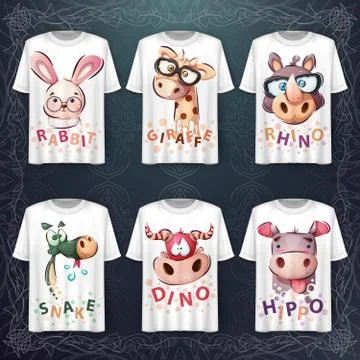 Set cute animals head - idea for print t-shirt Stock Illustration