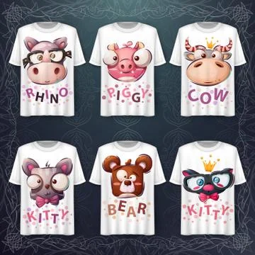 Set cute animals head - idea for print t-shirt Stock Illustration