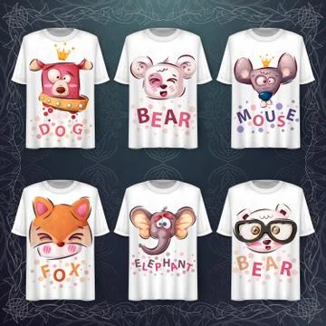 Set cute animals head - idea for print t-shirt 스톡 일러스트