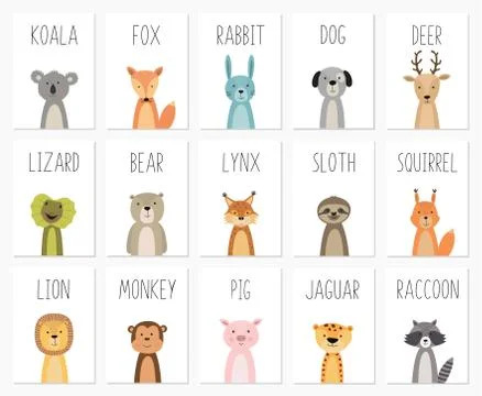Set of cute animals poster,template,cards,bear ,rabbit, koala, fox, deer, pig Stock Illustration