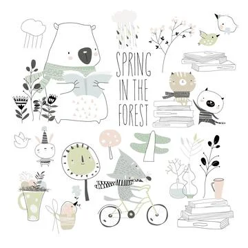 Set of cute animals with spring elements. Hello spring Stock Illustration