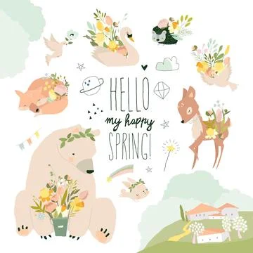 Set of Cute Animals with Spring Flowers Stock Illustration