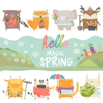 Set of cute animals with spring theme on white background Stock Illustration