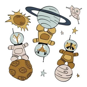 Set with cute animals standing on planets Stock Illustration