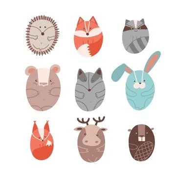 Set of cute animals Stylized in round shape. Children's Wild animals, mammals Stock Illustration