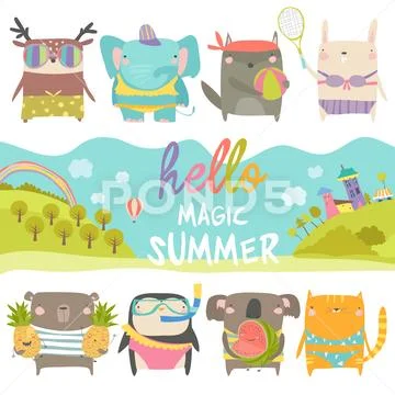 Set of cute animals with summer theme on white background Stock Illustration